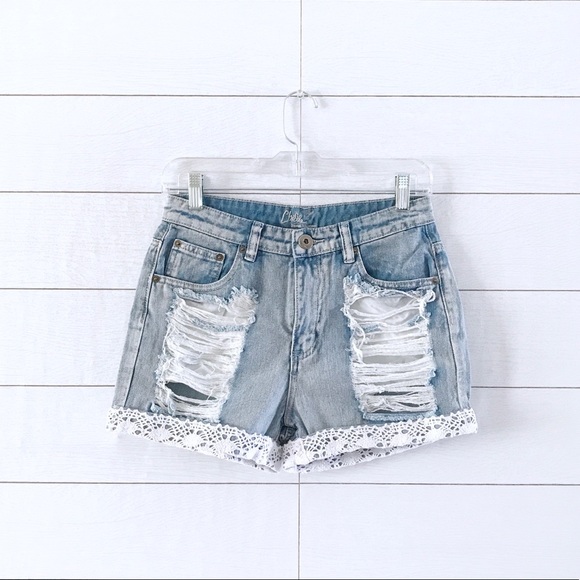 A'GACI Pants - Distressed White Crochet Cuffed Denim Shorts
